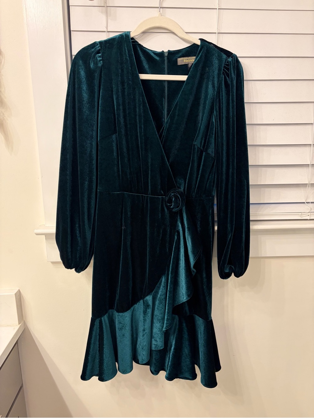 Velvet Green Wrap Dress with Rosette Waist
